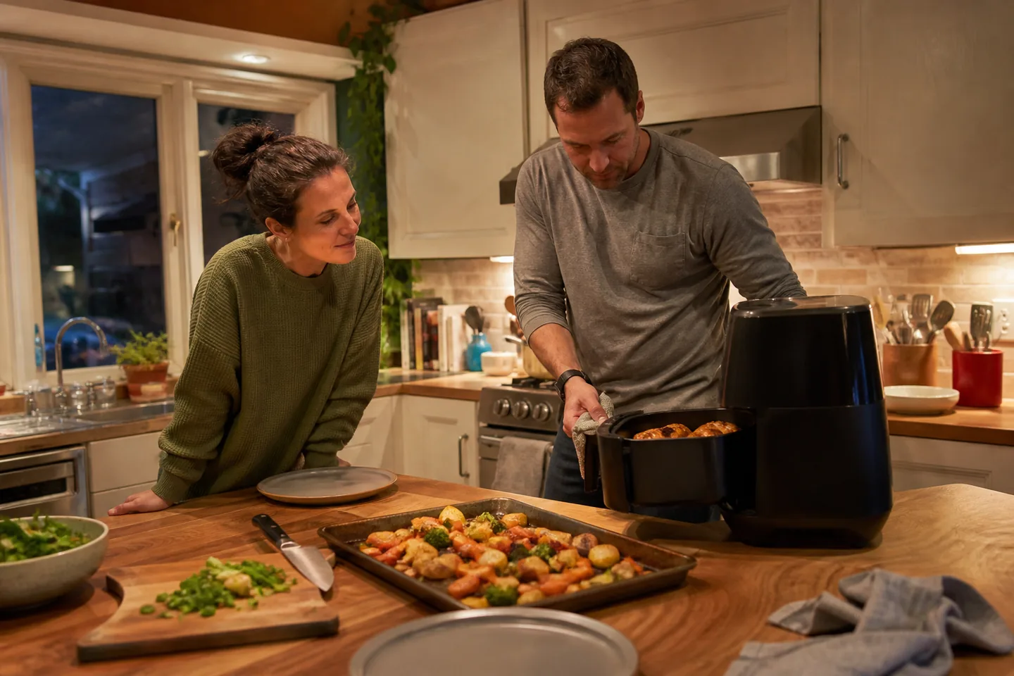 Two adults preparing a weeknight dinner with an unbranded air fryer and sheet-pan vegetables