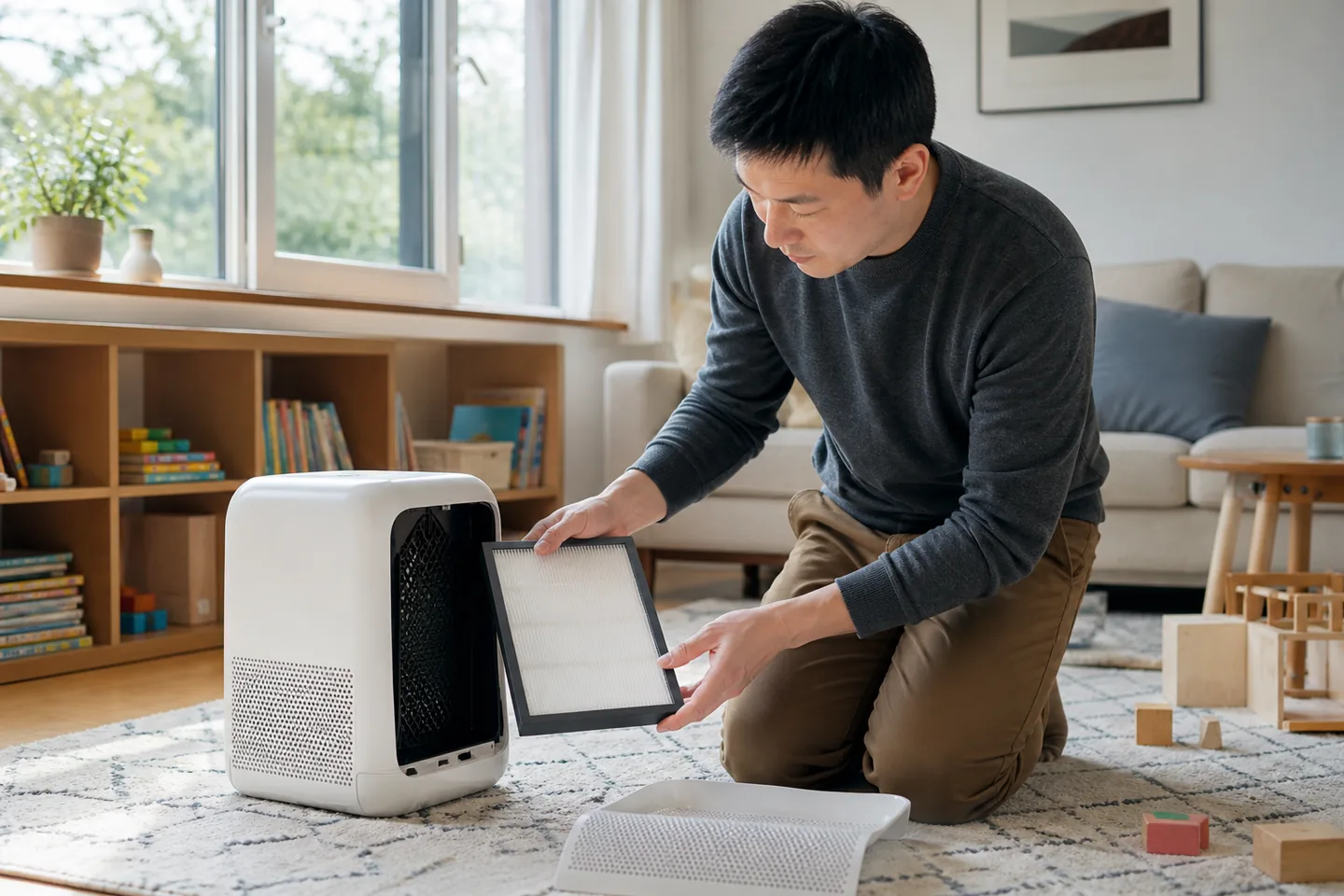 A parent replacing a filter in a compact air purifier near a child's play area