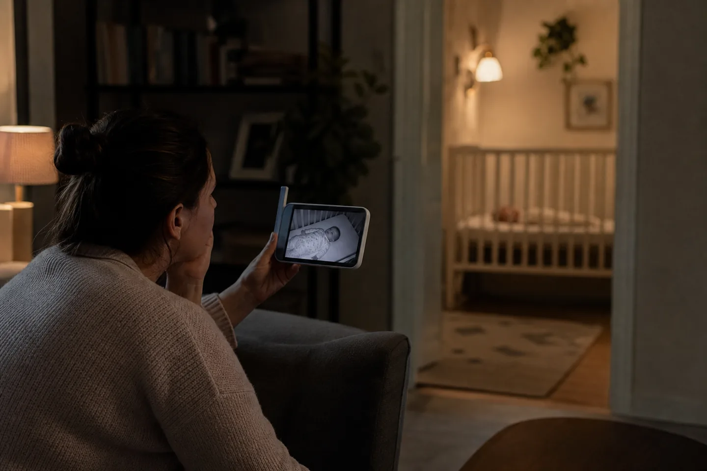 A parent checking a baby monitor from a dim living room while an infant sleeps in a separate nursery