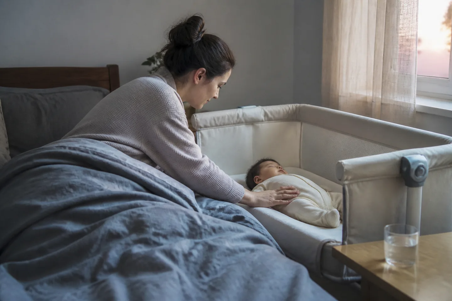 A new parent checking an infant resting in a simple bedside bassinet at dawn