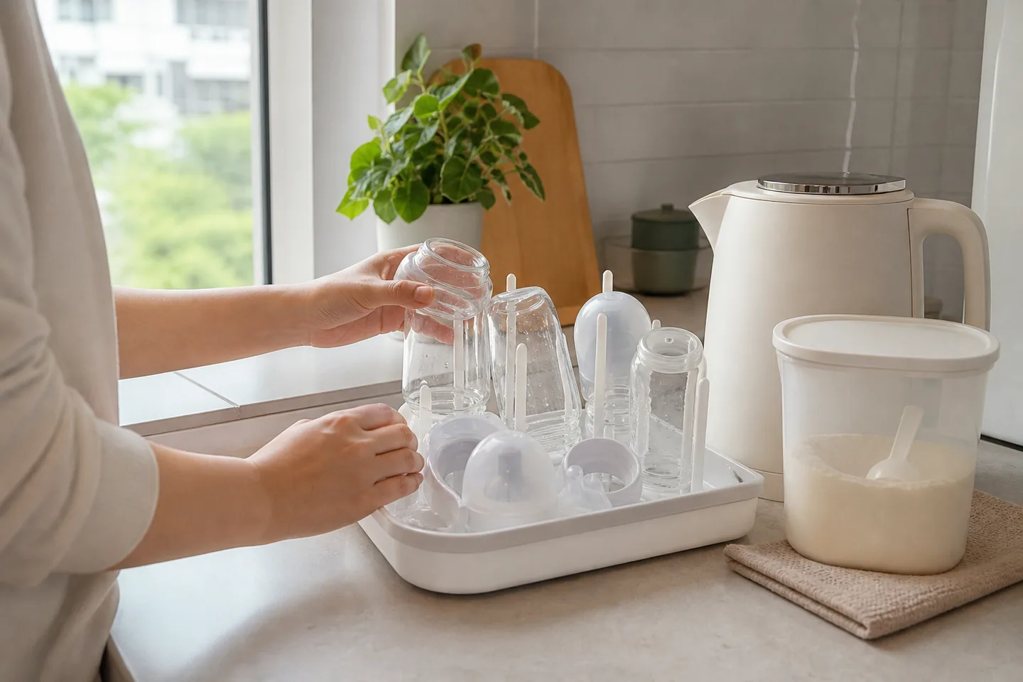 A parent arranging clean baby bottles on a compact drying rack beside a kettle