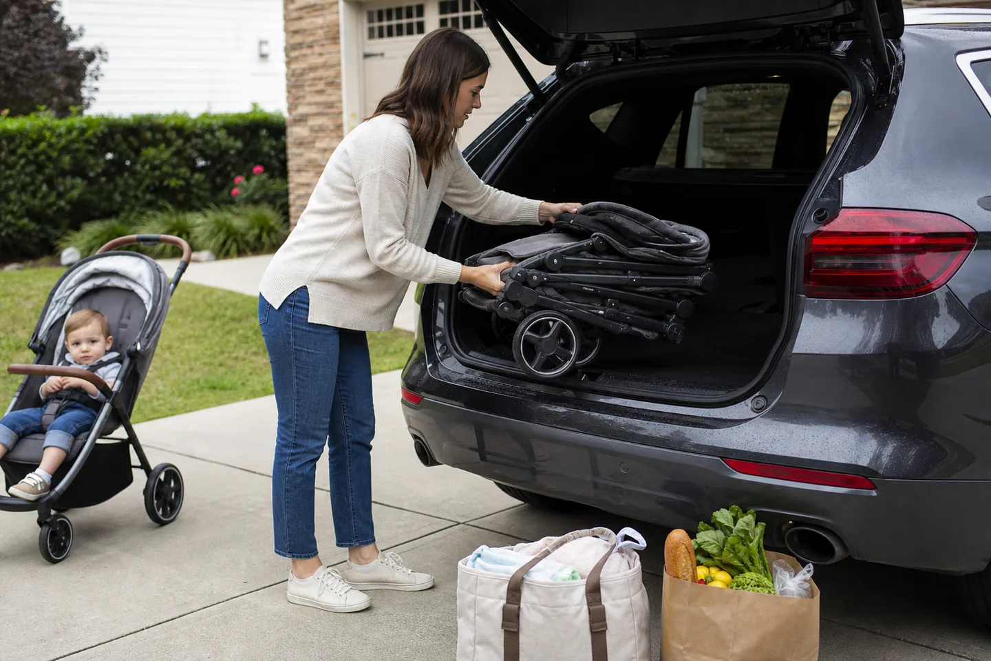 A parent folding a compact stroller beside a small car trunk after a neighborhood walk