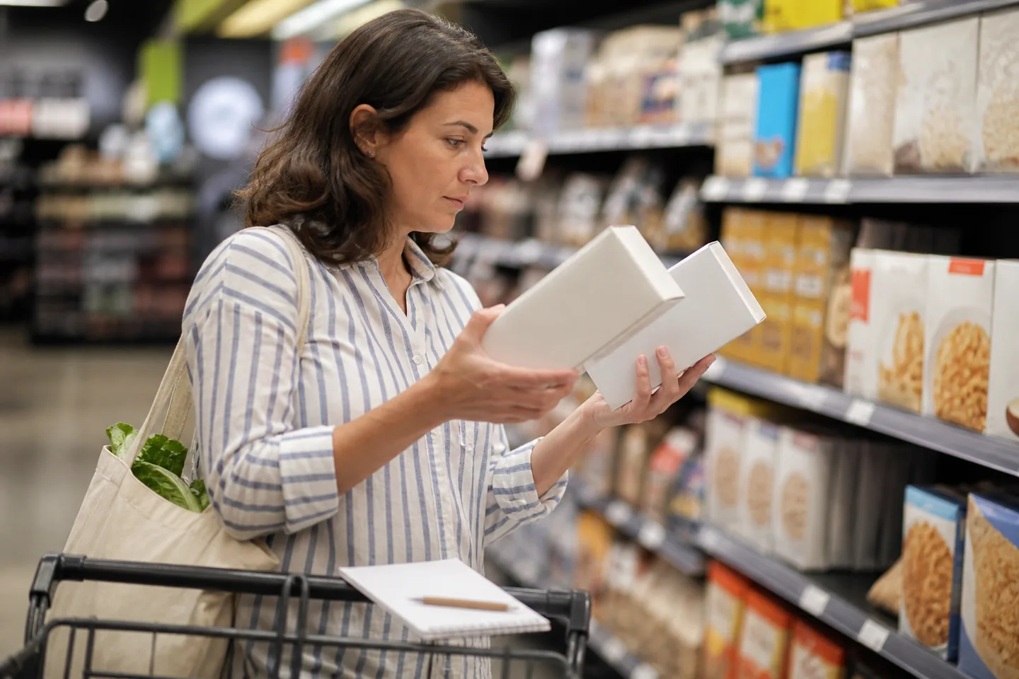 A shopper comparing two plain pantry packages in a supermarket aisle