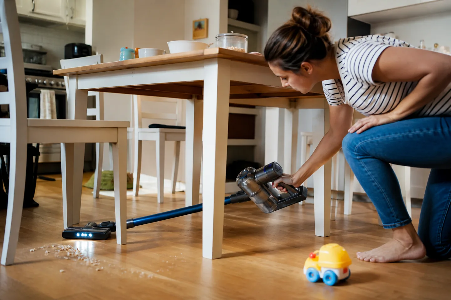 A parent using a compact cordless stick vacuum under a kitchen table after breakfast
