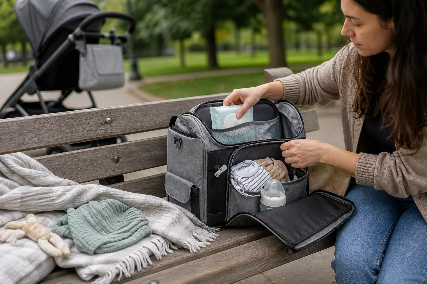 A parent organizing wipes, a bottle, spare outfit, and changing mat in a diaper backpack at a park