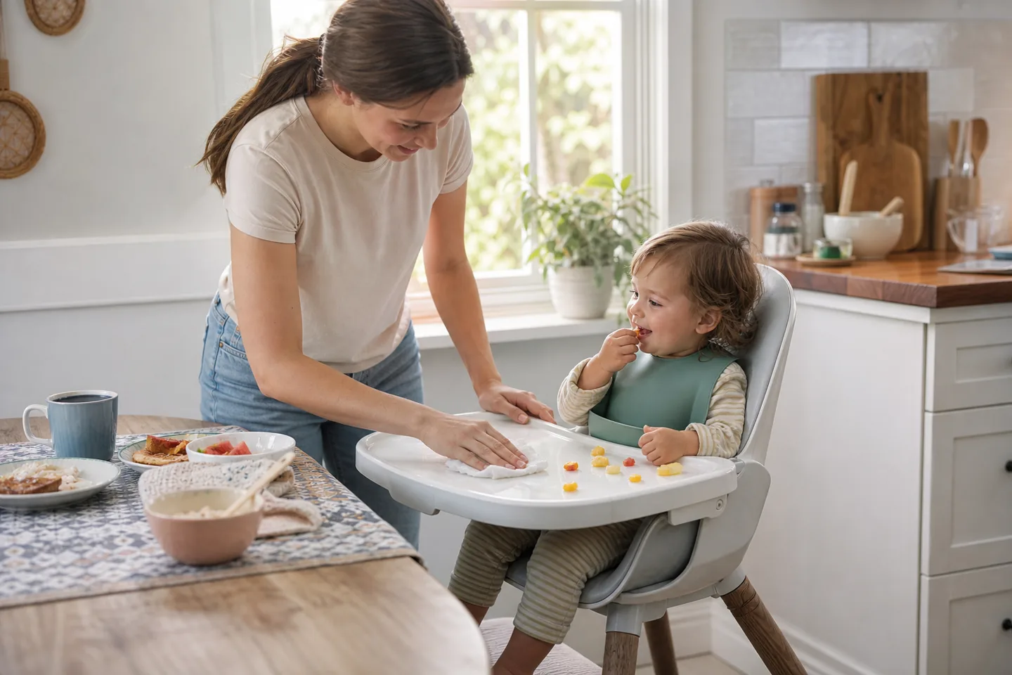 A toddler eating finger foods while a parent wipes an easy-clean high-chair tray