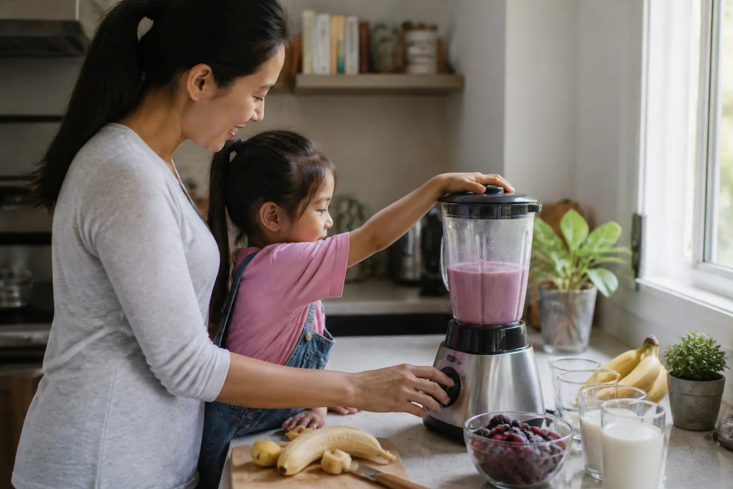 A parent supervising a child making a berry smoothie in an unbranded blender
