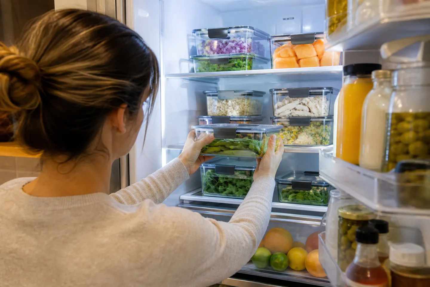 A parent organizing prepared food in clear stackable containers inside a refrigerator