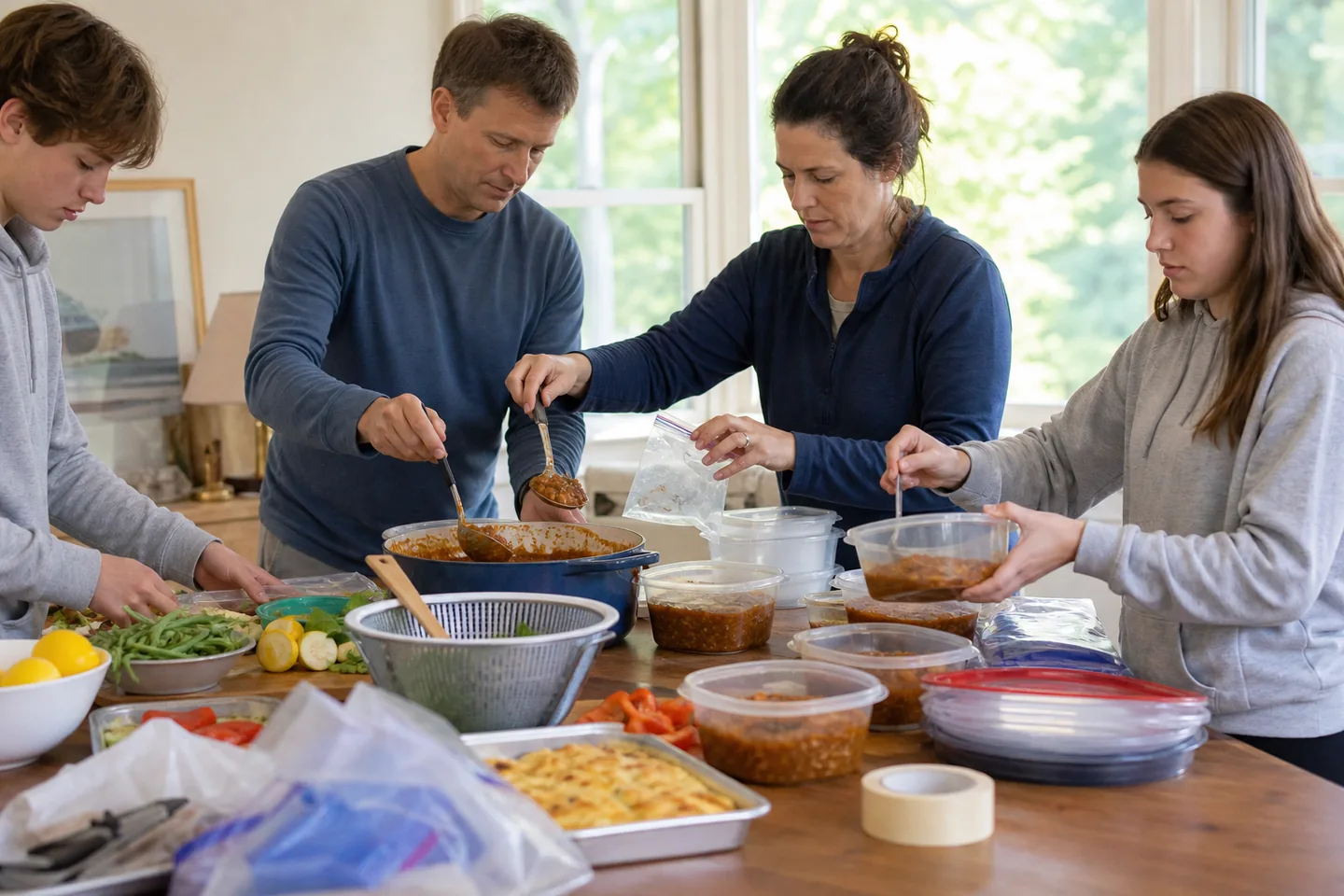 A family portioning a Sunday freezer meal into reusable containers