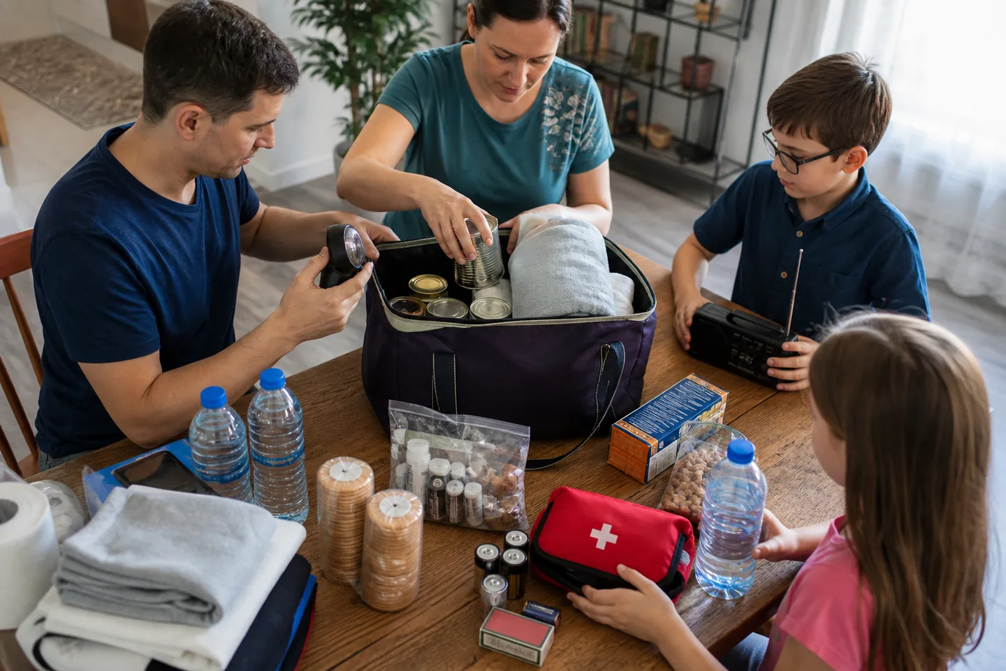 A family assembling flashlights, water, food, radio, and first-aid supplies into an emergency tote
