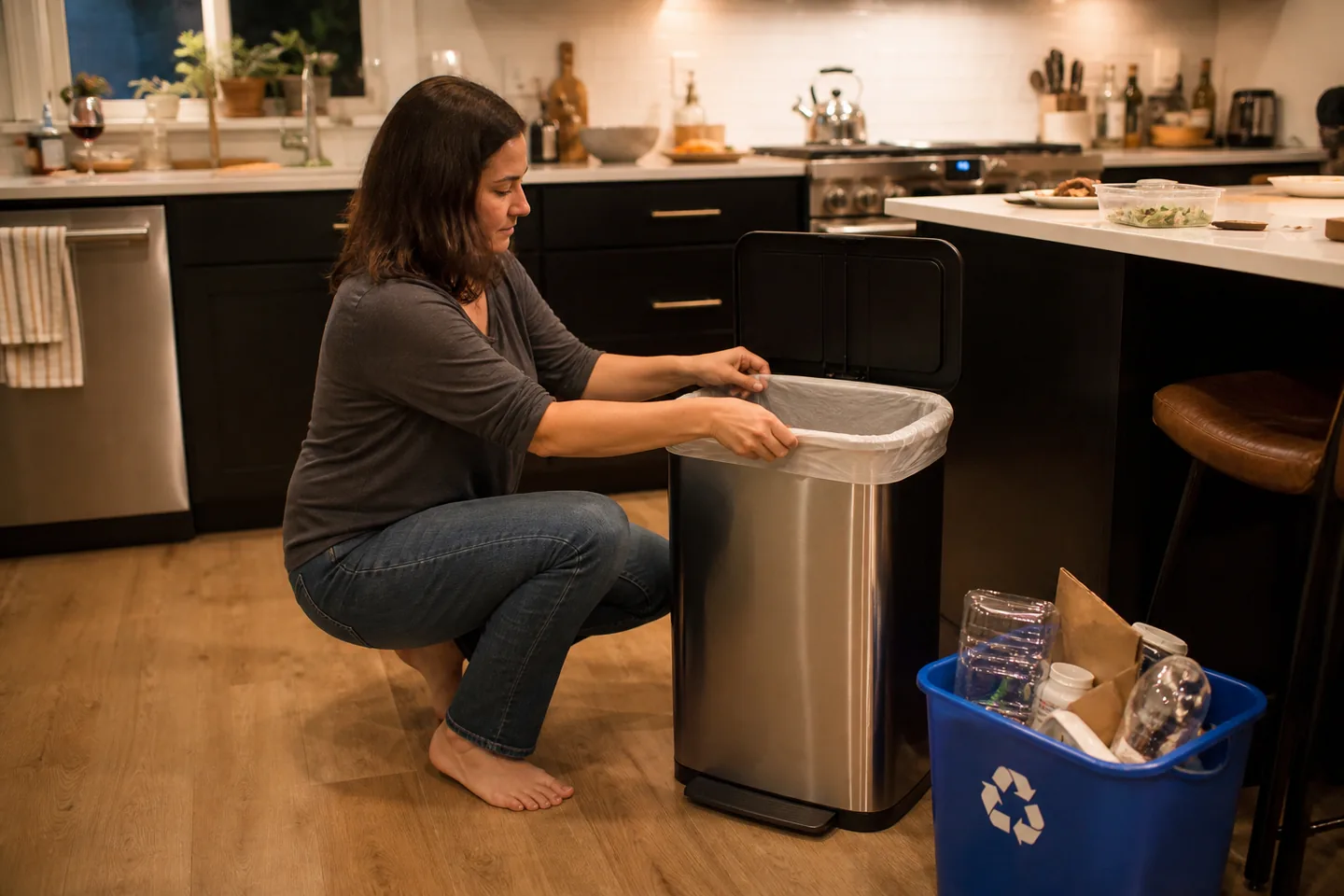 An adult replacing a liner in a slim lidded kitchen trash can beside recycling