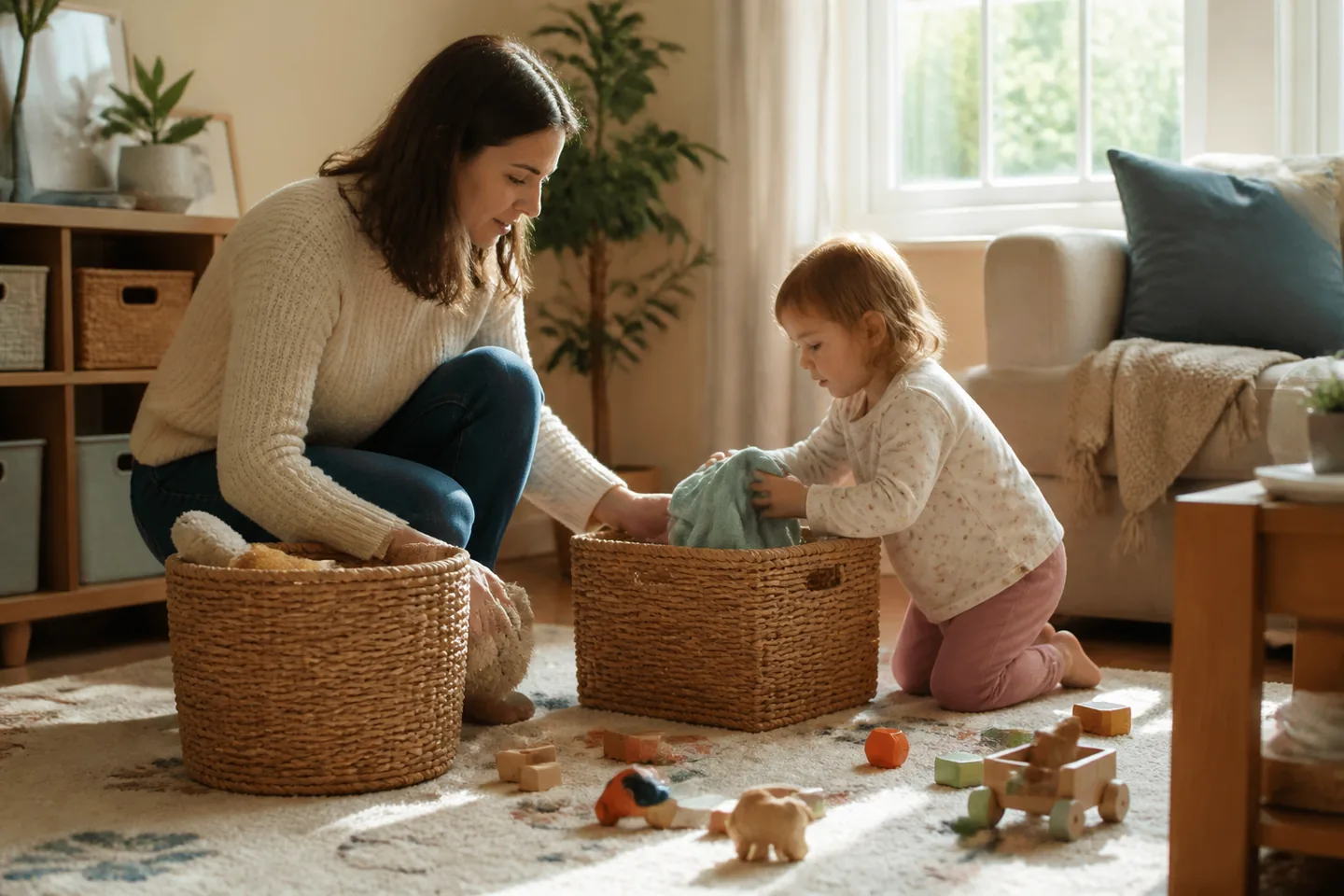 A parent and young child putting toys and blankets into woven living-room baskets