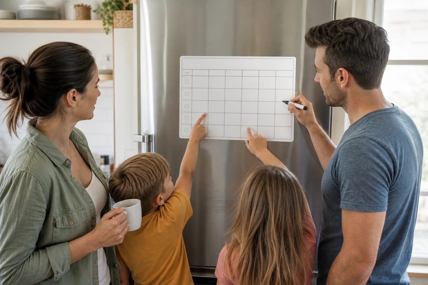 A family planning meals and errands together on a blank magnetic refrigerator board
