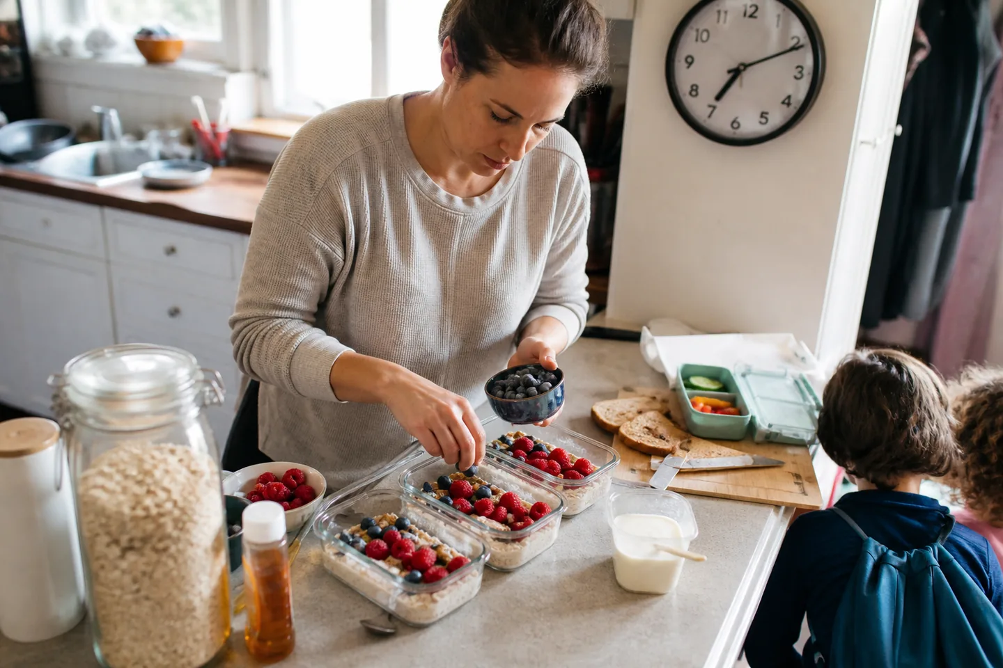A parent packing oats, berries, and yogurt into glass breakfast containers before school