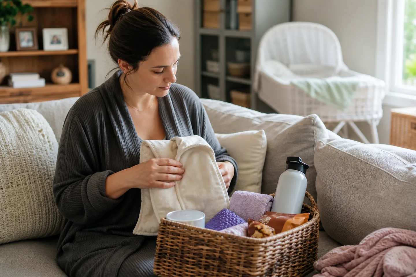A new parent arranging a robe, water bottle, heat pad, and snacks in a postpartum comfort basket