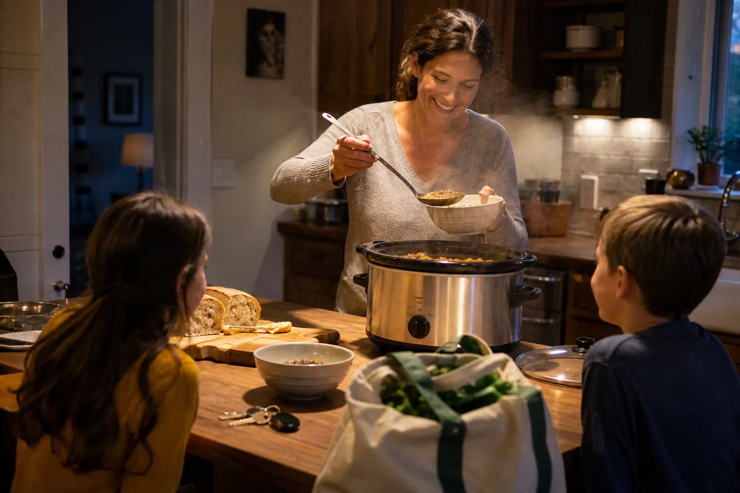 A parent serving a warm slow-cooker dinner to children after arriving home