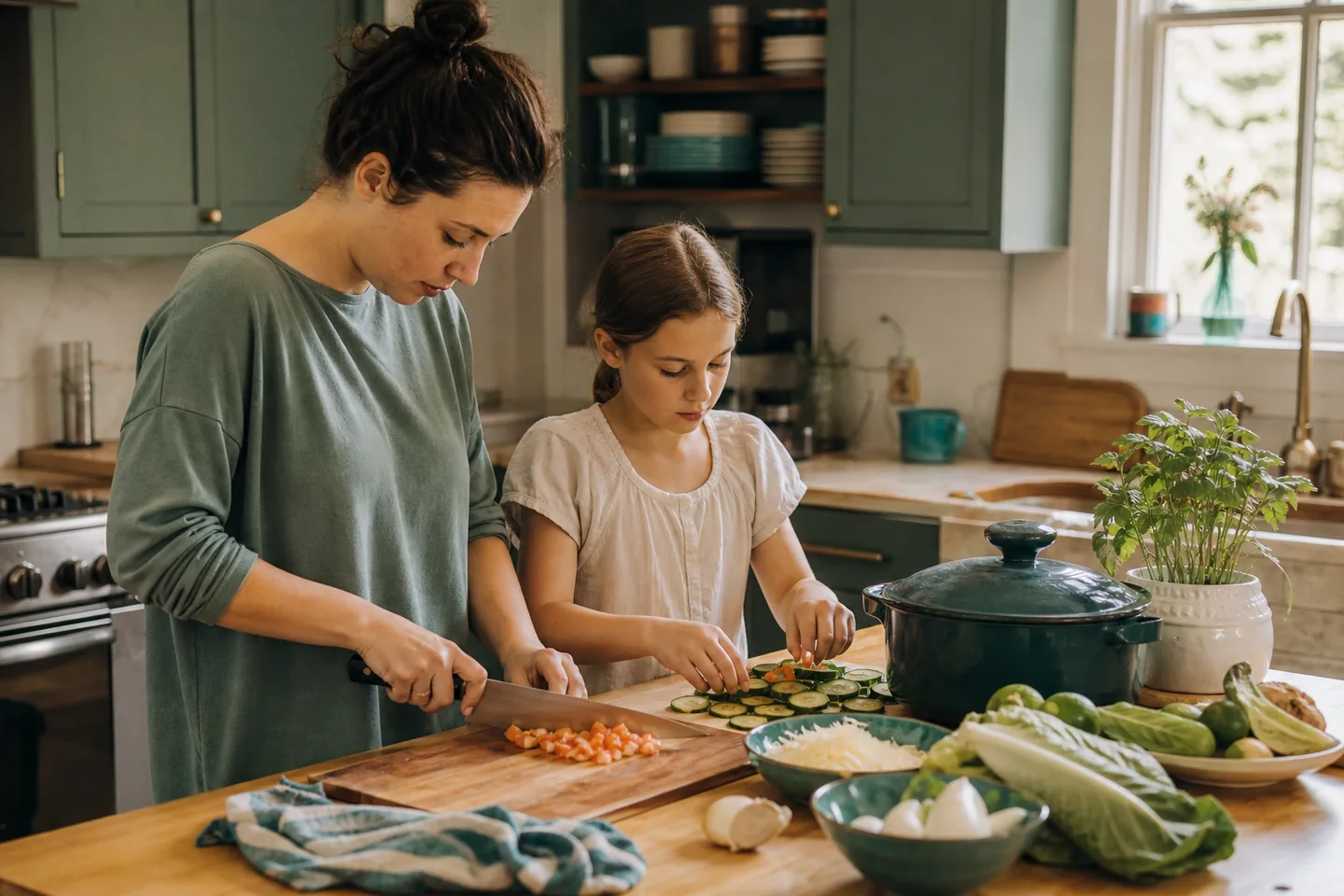 A parent and child preparing vegetables together in a lived-in family kitchen
