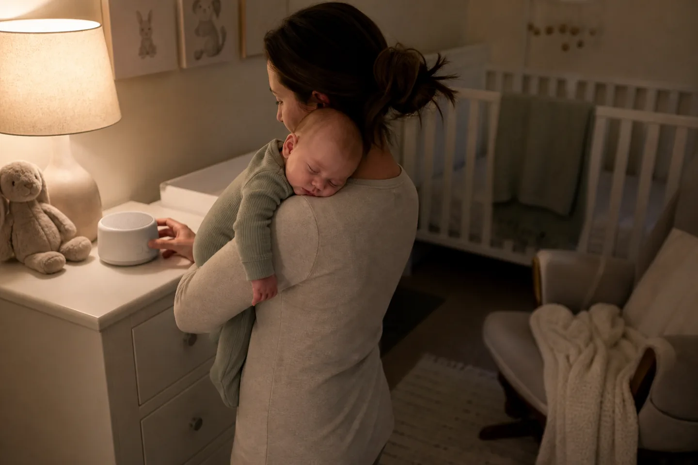 A parent adjusting a small white noise machine while holding a sleepy infant in a nursery